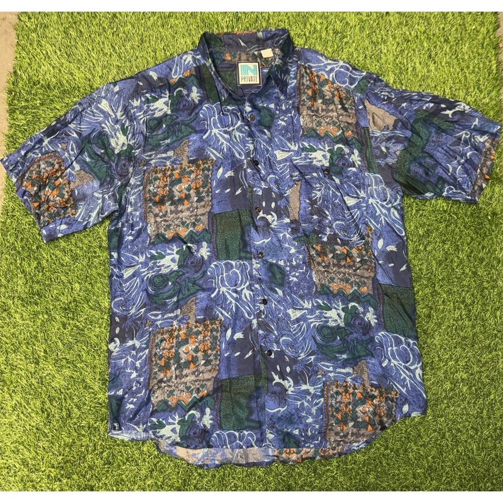 Vintage 90s "In Private" Blue Abstract 100% Silk Button Up